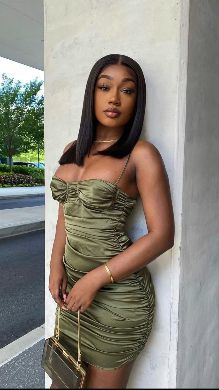 Olive Green Spaghetti Straps Ruched Short Party Dress Sexy Homecming Dress - View 3 | VelvetHem