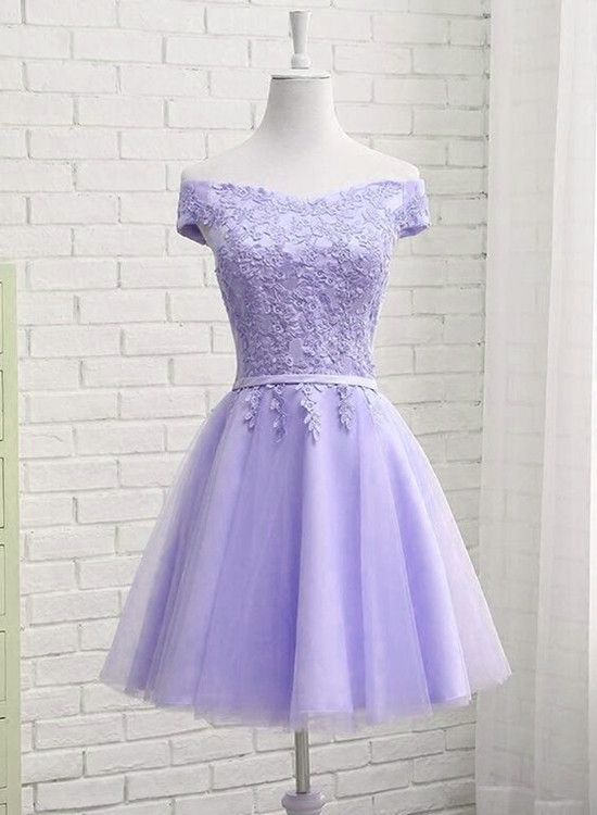 Light Purple Tulle Short Homecoming Dress Cute Off Shoulder Party Dress - VelvetHem