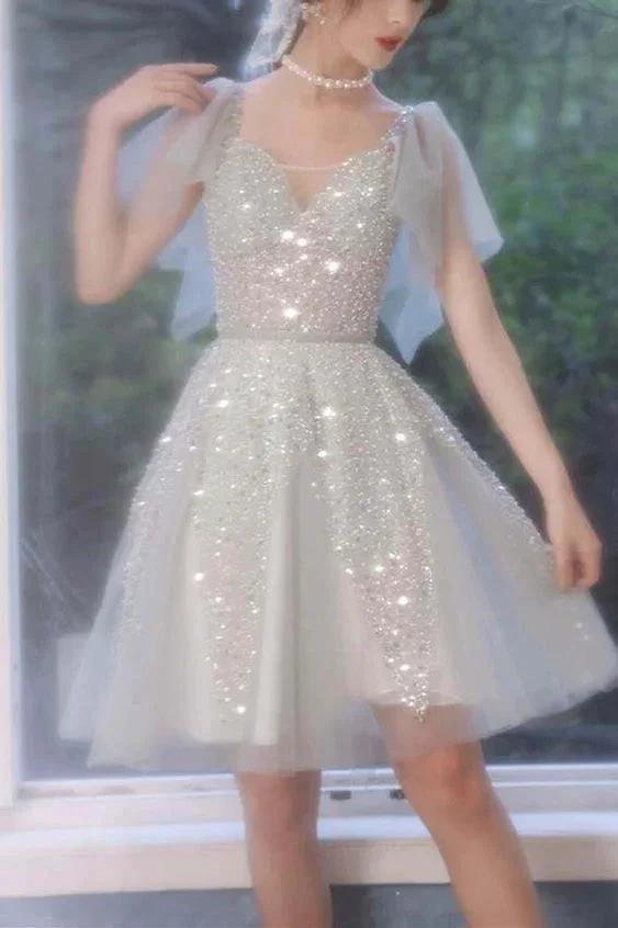 A-line Short Silver Homecoming Dress with Flutter Sleeves (ZD12593) - VelvetHem