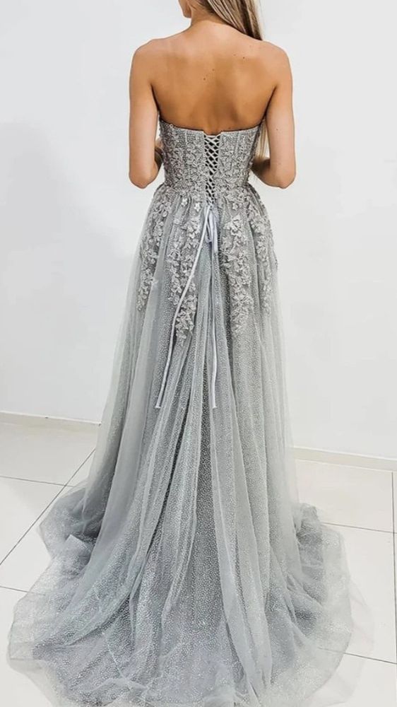 Gray tulle lace long A line prom dress evening dress - View 2 | VelvetHem