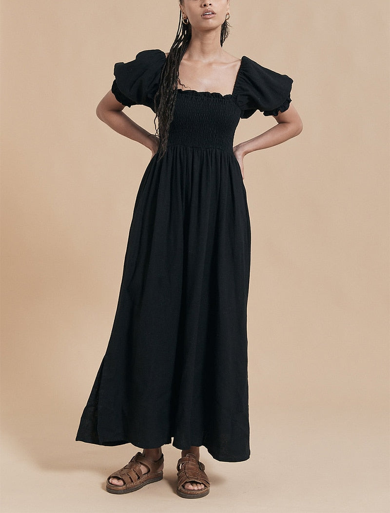 Summer Dresses For Women Square Neck Smocked Short Puff Sleeve Vacation Beach Style