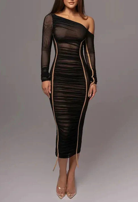 Amelisse - Off - Shoulder Two - Layer Mesh Midi Dress