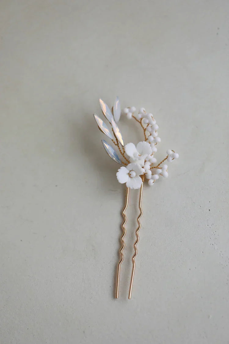 Porcelain Flower Hair Pins Clips Opal Head Pieces Gold Silver Color Hairpins For Brides Women Bridal Jewelry Wedding Accessories gold color