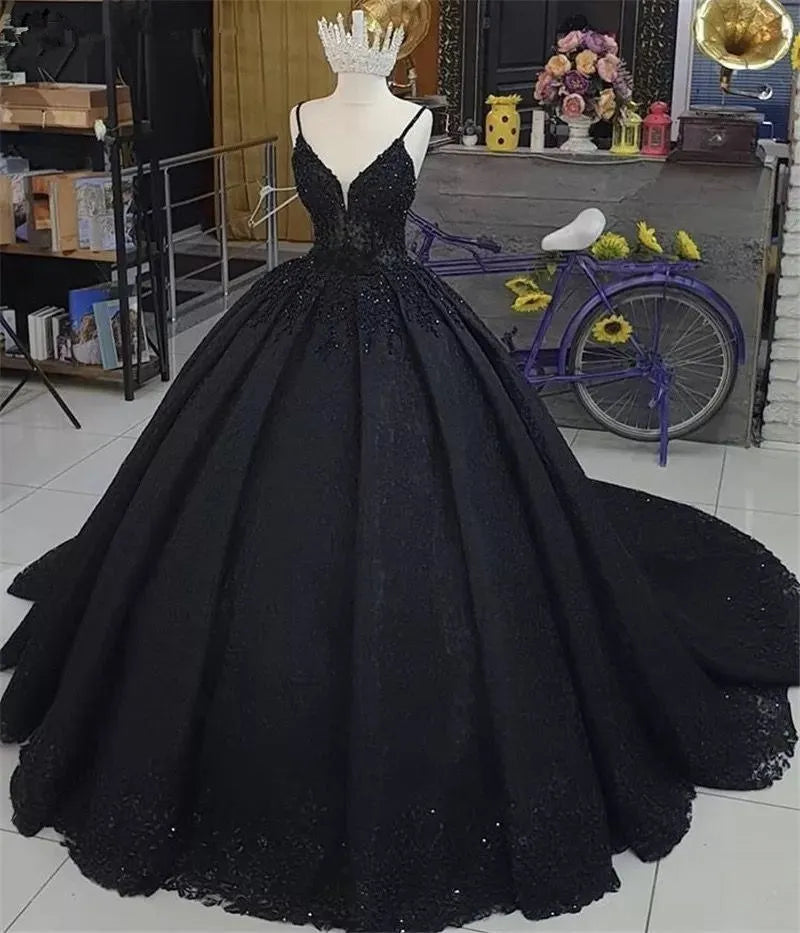 Customized Lace Black Evening Gowns Long vestidos de fiesta de noche Lace Up Ball Gown Prom Dresses Formal robe de soiree - View 2 | VelvetHem