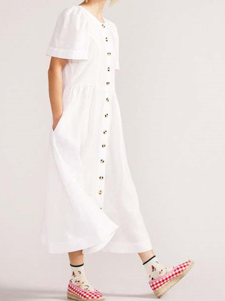V Neck Linen Button Down Midi Dress with Pocket In White