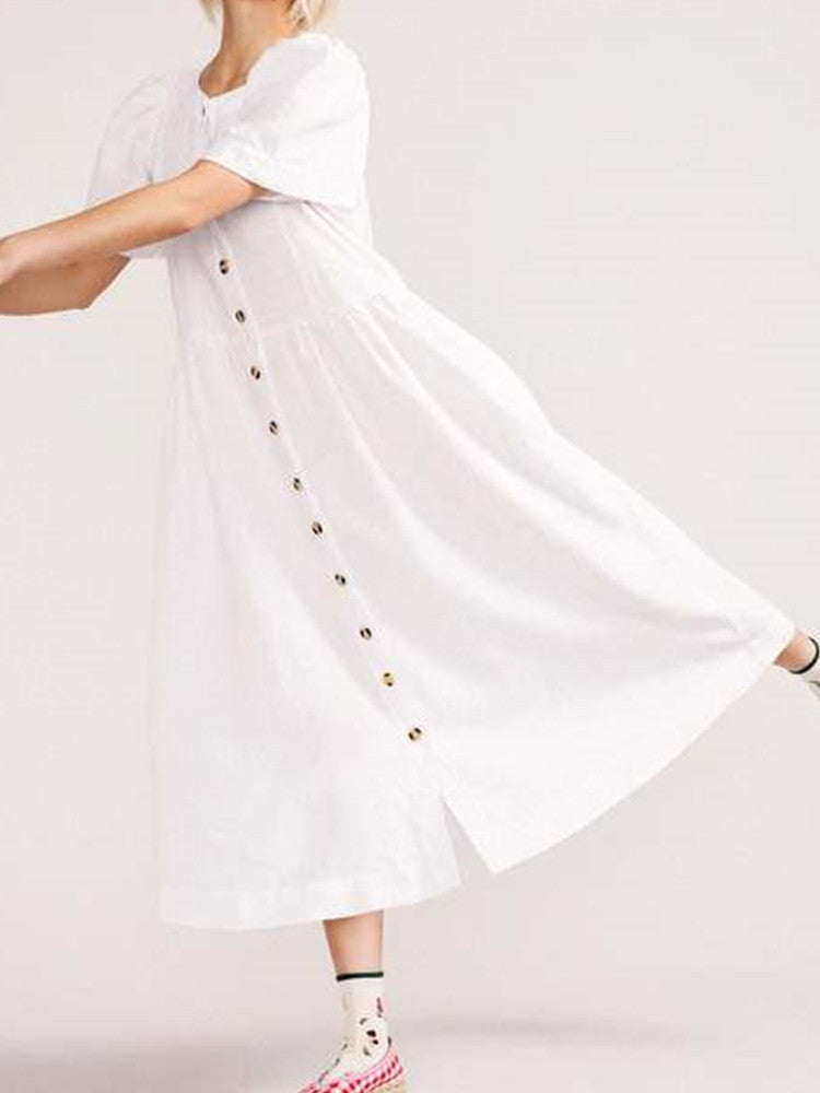 V Neck Linen Button Down Midi Dress with Pocket In White