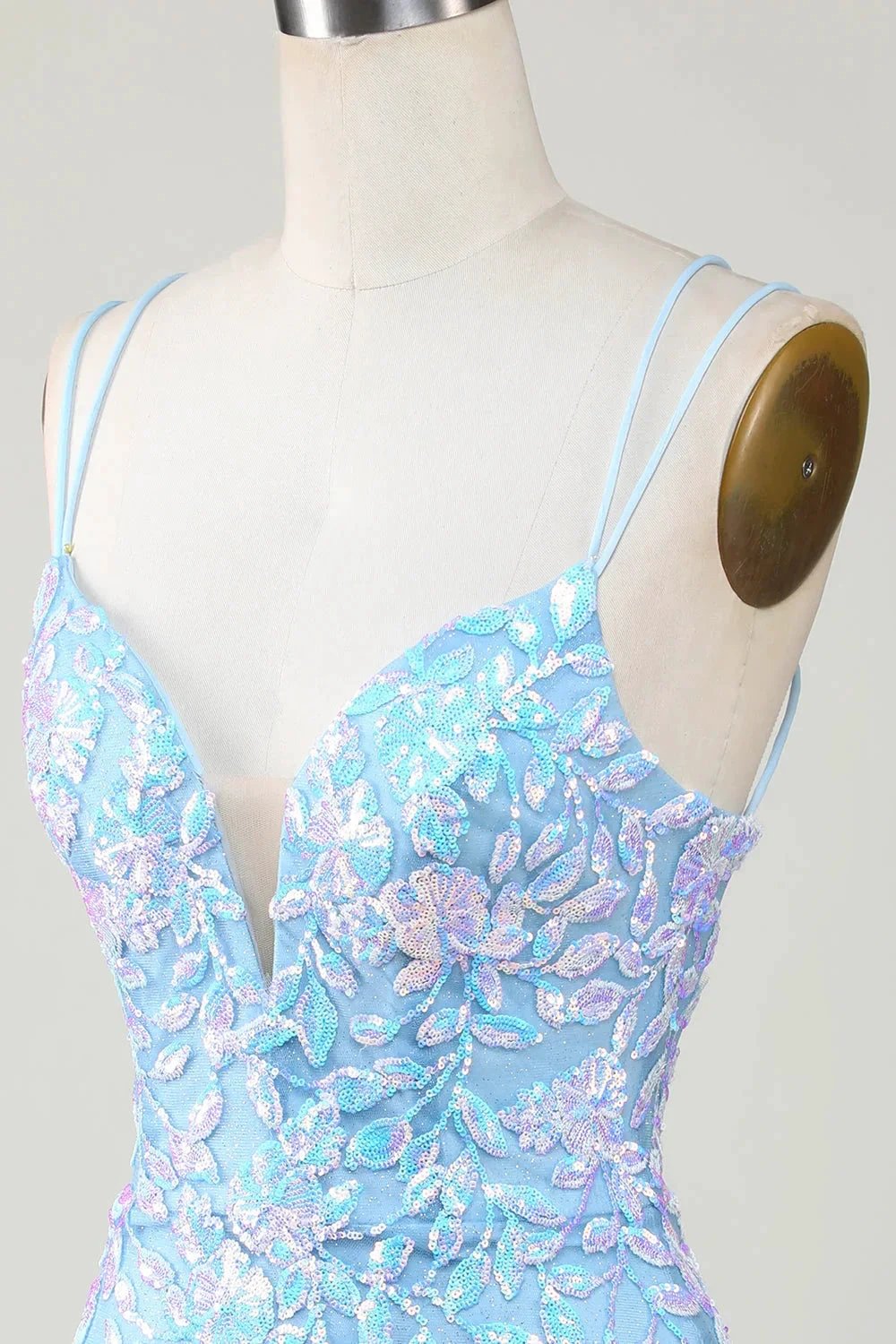 Blue Sheath Spaghetti Straps Short Homecoming Dress With Aqqliques (ZD11547)