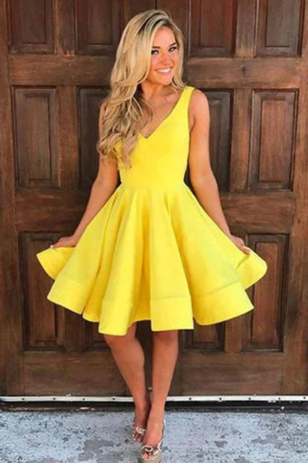 A Line Yellow V Neck Sleeveless Short Homecoming Dresses (ZD11593) - VelvetHem