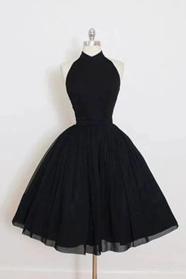Black Halter A Line Sleeveless Tulle Ball Gown Mid Homecoming Dresses (ZD11564) - VelvetHem