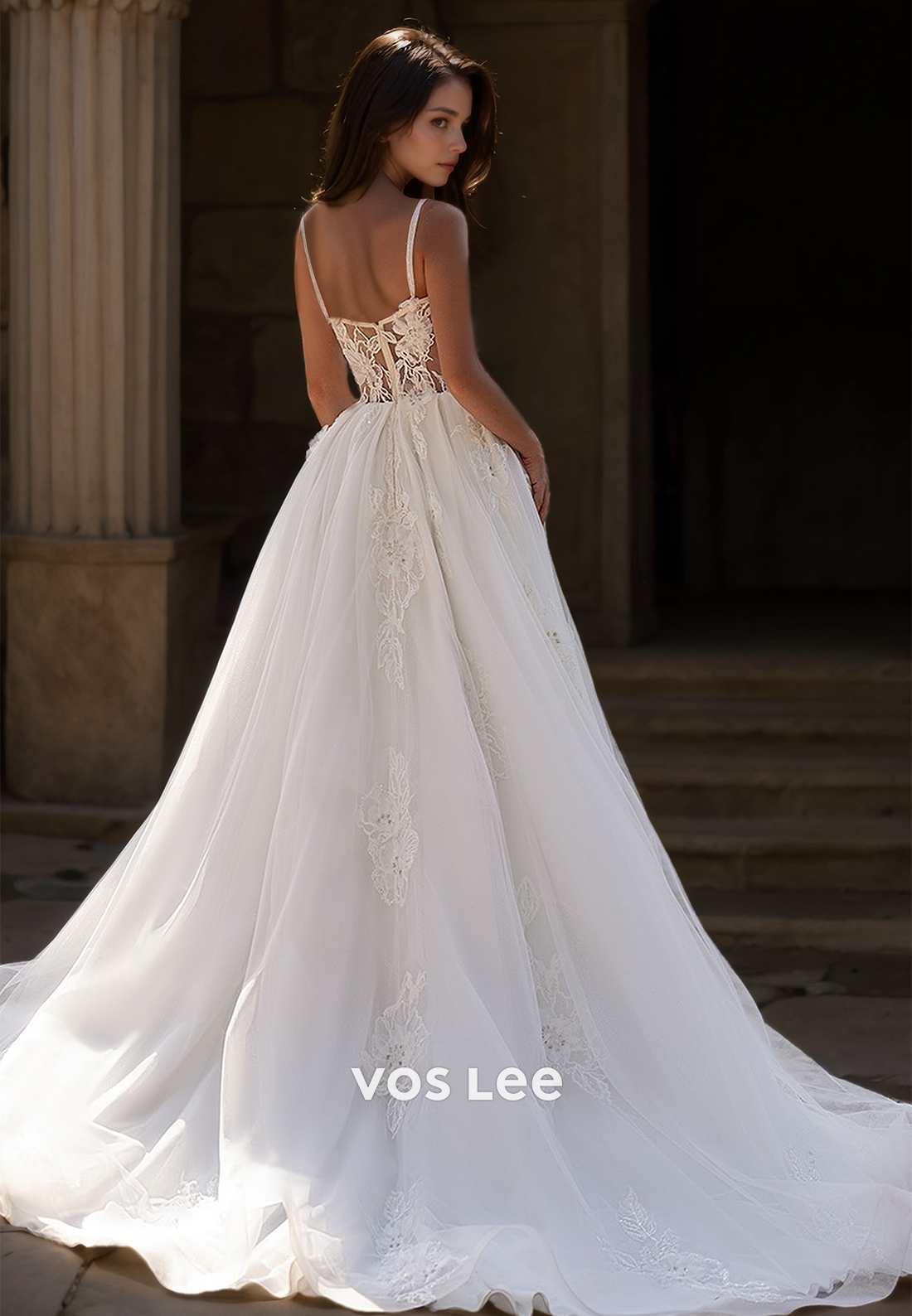 Luxury A-Line Spaghetti Straps V Neck Sleeveless High Split Pleated Tulle Wedding Bride Gown