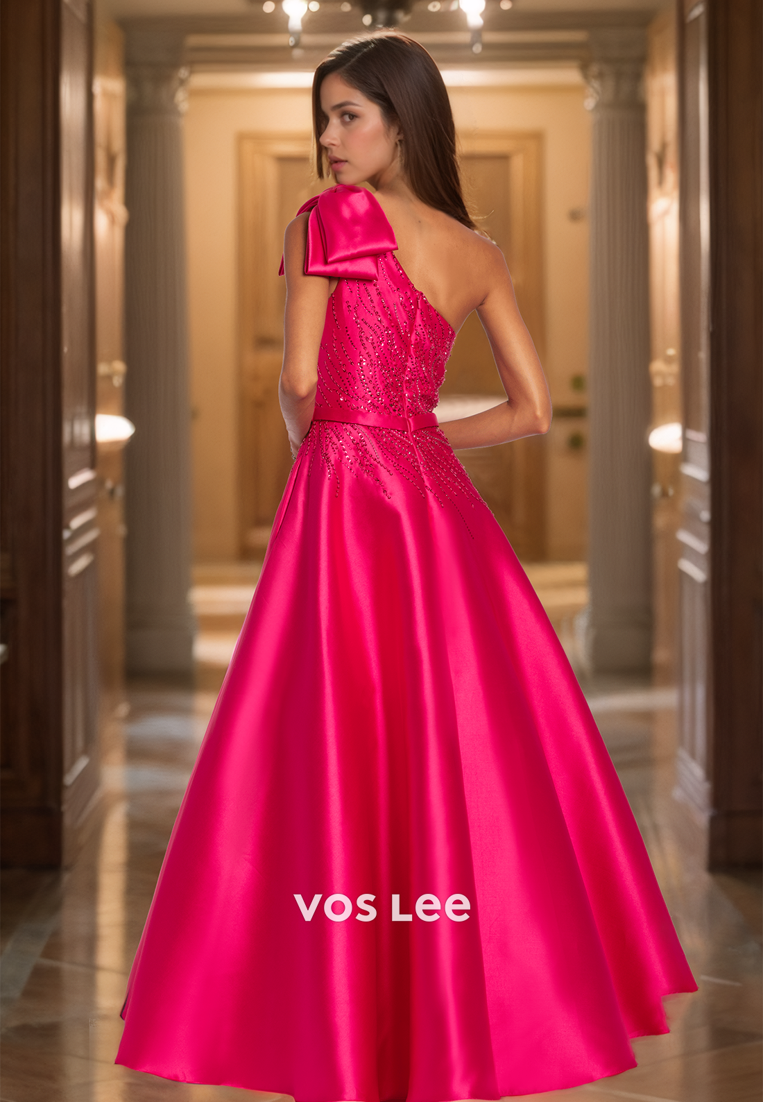 Unique A-line One Shoulder Bow Back Zipper Sequins Pleated Sleeveless Satin Prom Formal Dress