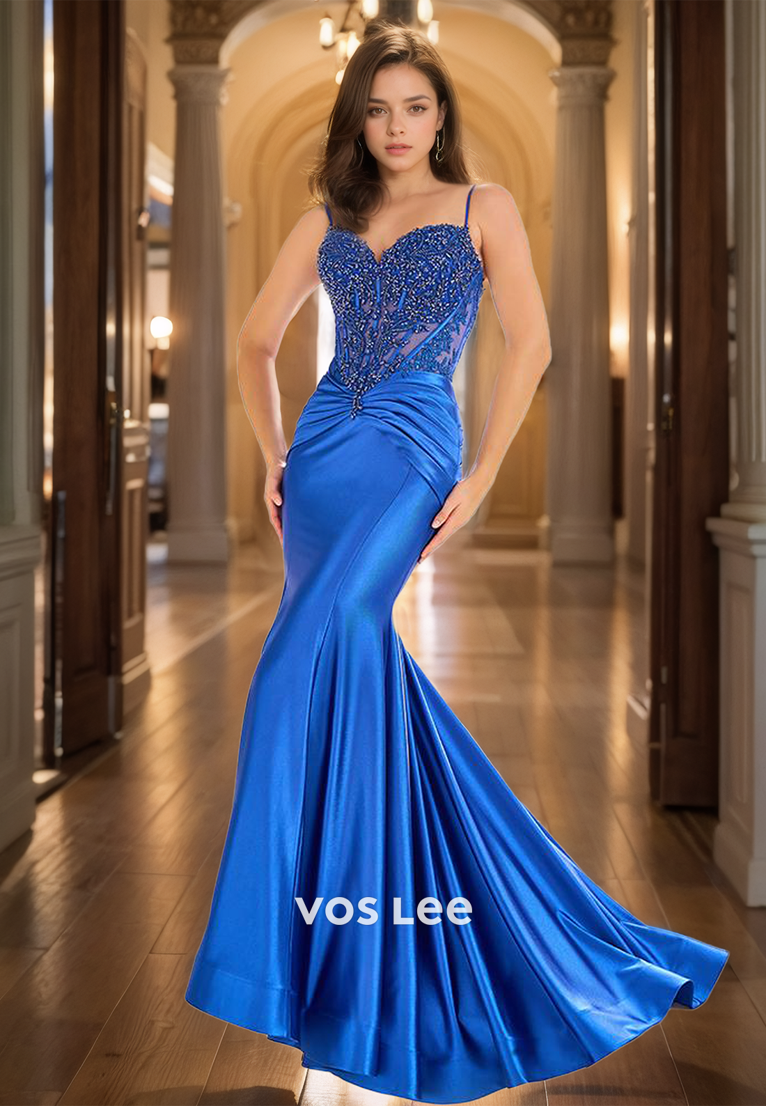 Unique Column V Neck Spaghetti Straps Lace Appliques Sequins Ruched Sweep Train Satin Prom Party Dress