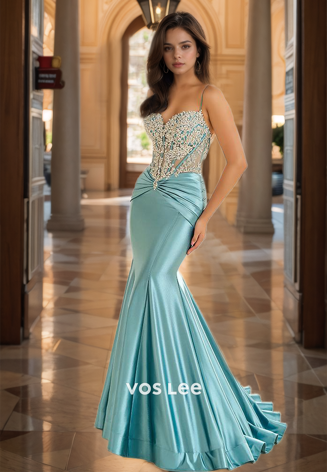 Unique Column V Neck Spaghetti Straps Lace Appliques Sequins Ruched Sweep Train Satin Prom Party Dress