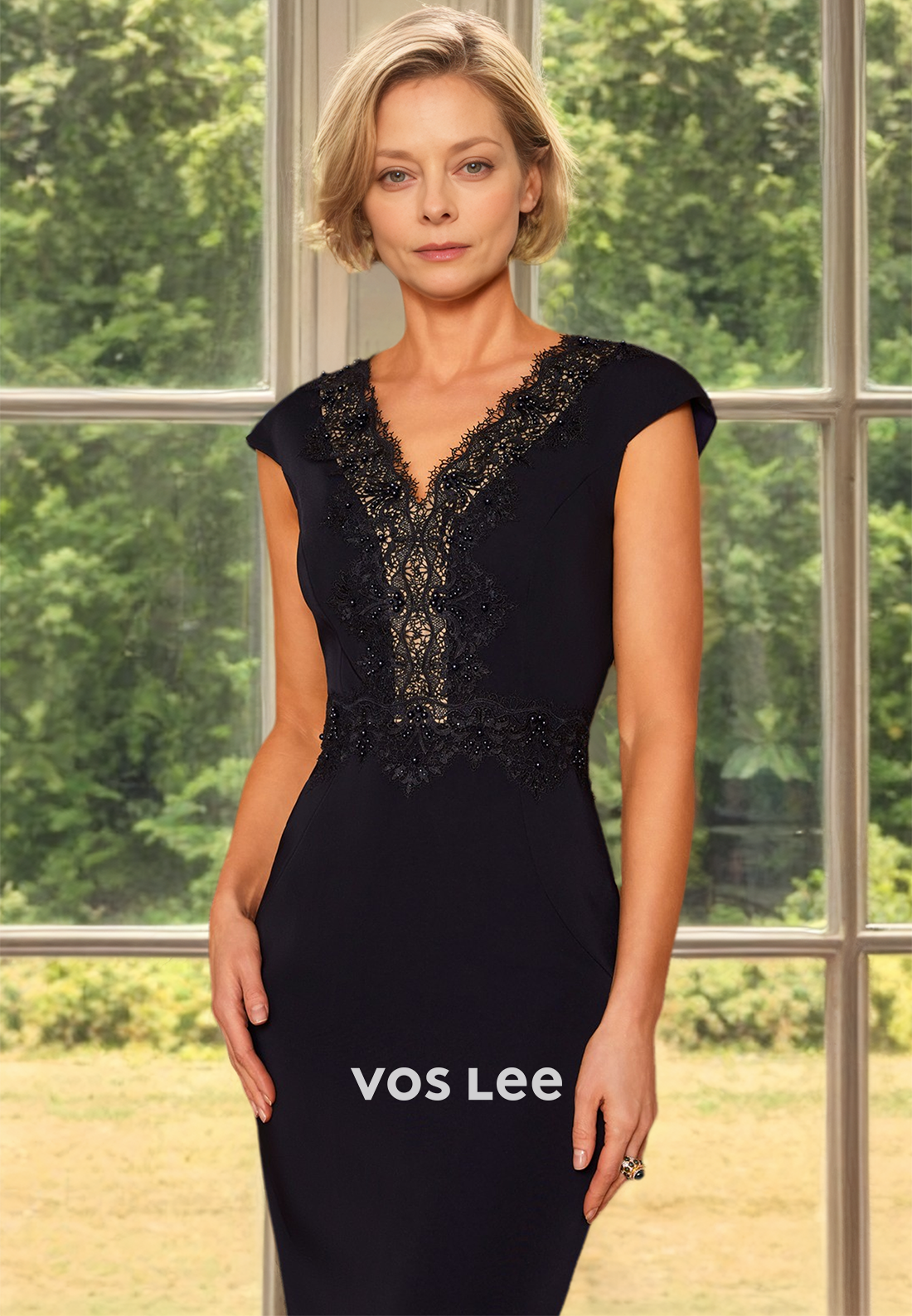 Unique Sheath V Neck Lace Appliques Knee Length Sequins Mother of the Evening Dress