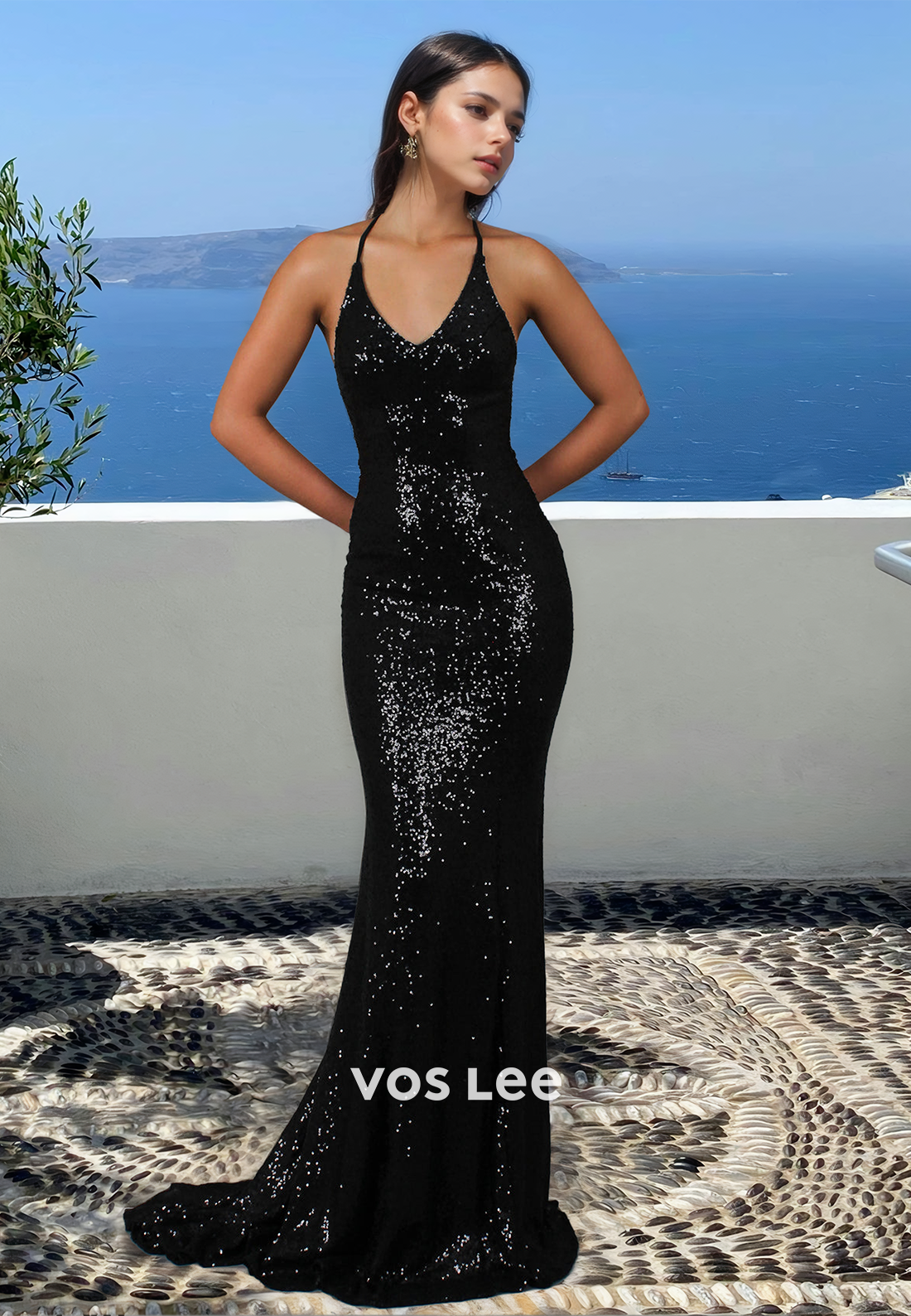 Gorgeous Halter Lace Up Sheath Mermaid Sequins Draped Prom Evening Dress