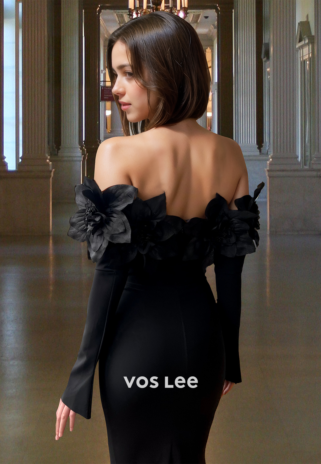 Sexy Mermaid Off Shoulder Long Sleeves 3D Floral Satin Prom Evening Dress