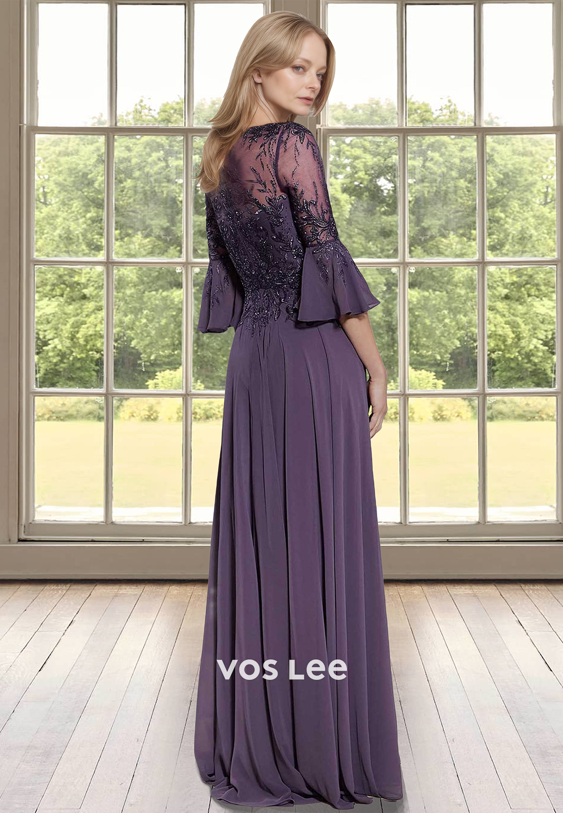 Ornate A-Line V Neck Half Sleeves Lace Appliques Ruched Mother of the Evening Dress - View 3 | VelvetHem