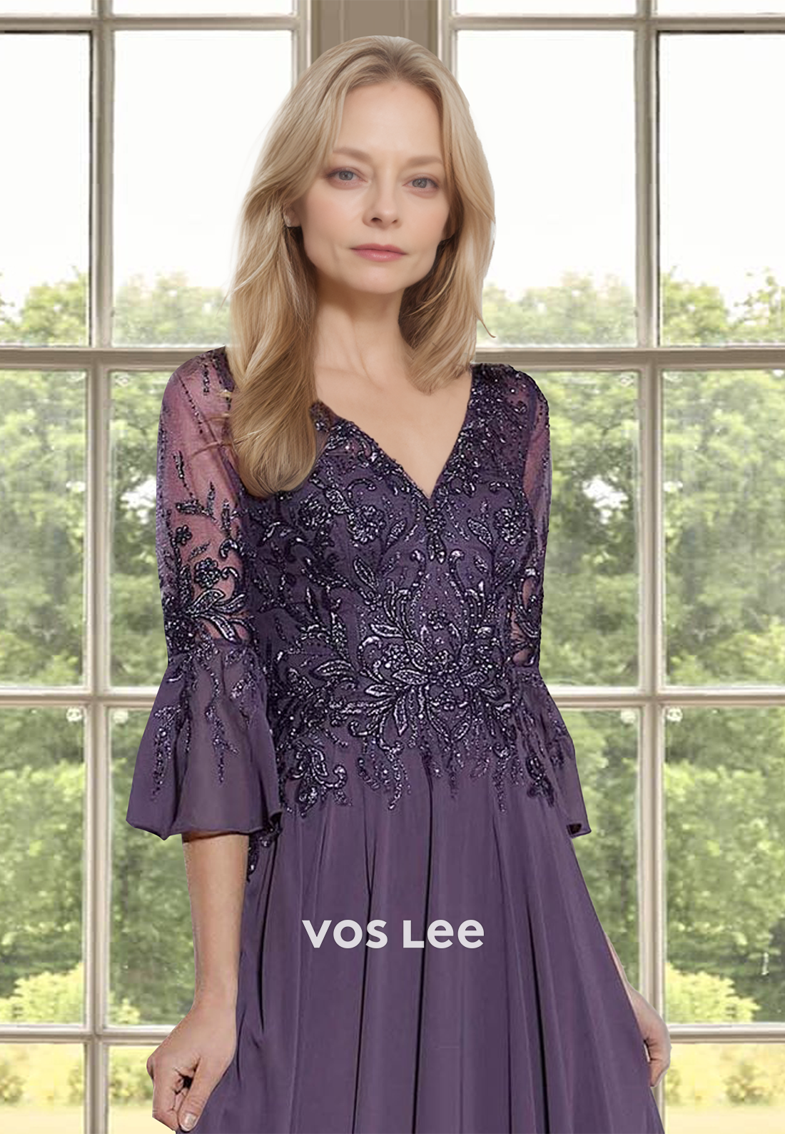 Ornate A-Line V Neck Half Sleeves Lace Appliques Ruched Mother of the Evening Dress - View 5 | VelvetHem