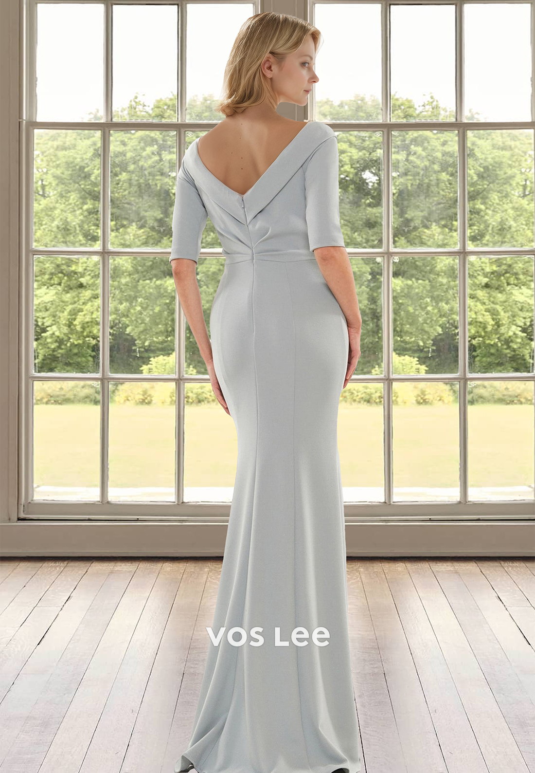 Vintage Sheath V Neck Half Sleeves Sequins Draped Mother of the Evening Dress - View 2 | VelvetHem