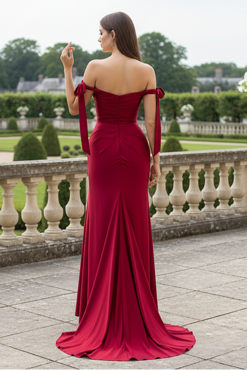 Modest Column Off Shoulder Side Split Sweep Train Satin Prom Evening Dress