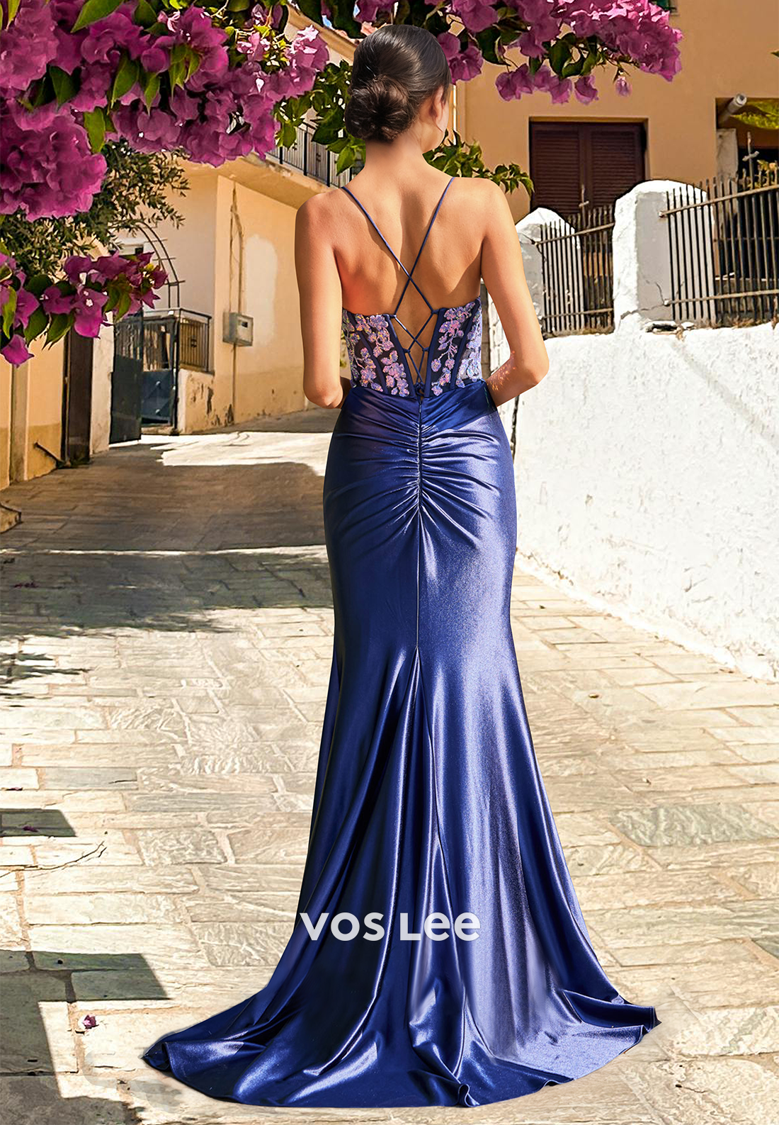 Vintage Sheath V Neck Spaghetti Straps Lace Up Appliques Prom Evening Dress - View 2 | VelvetHem
