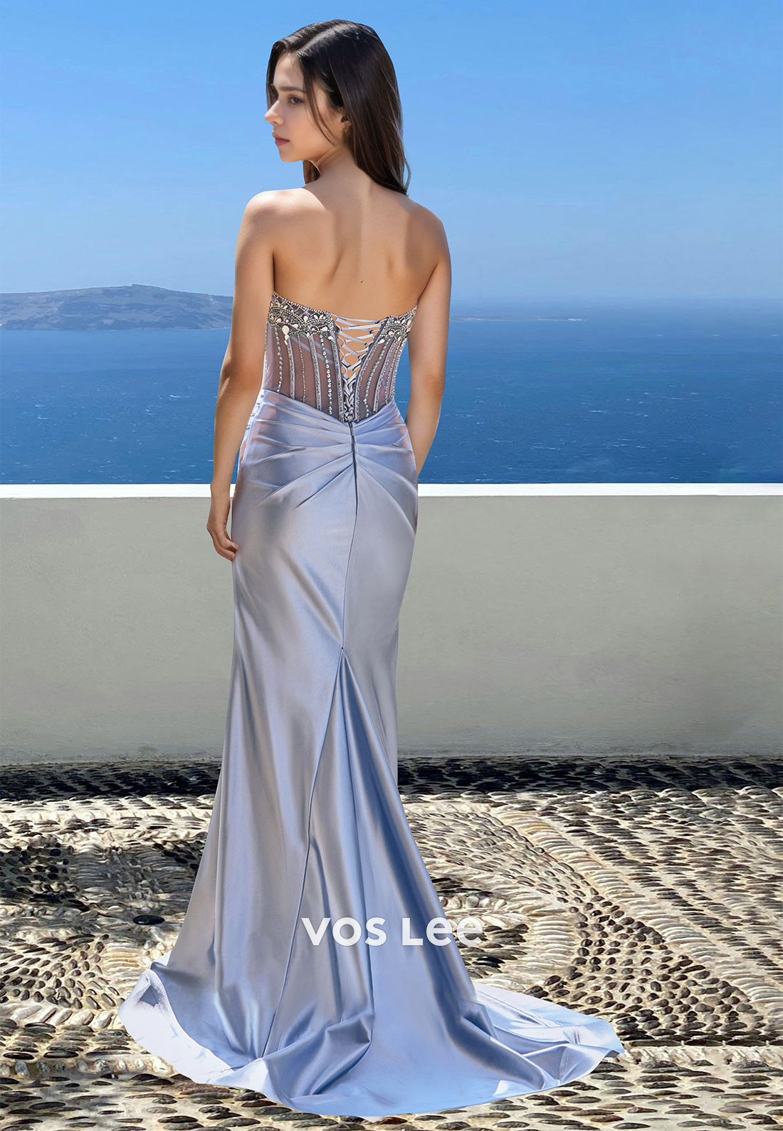 Gorgeous Column Strapless Lace Up Beaded Satin Prom Evening Dress with Split - View 2 | VelvetHem