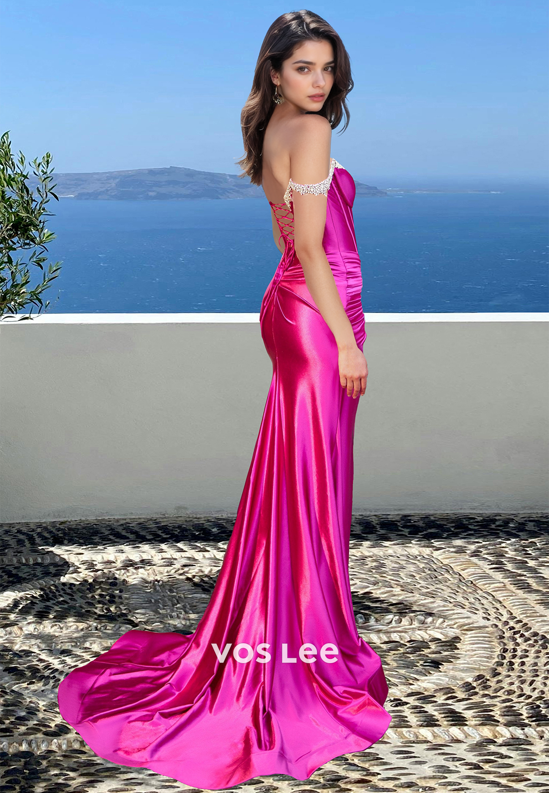 Fuchsia Sheath Plunging V Neck Illusion Sequins Lace Up Satin Prom Evening Dress - View 2 | VelvetHem