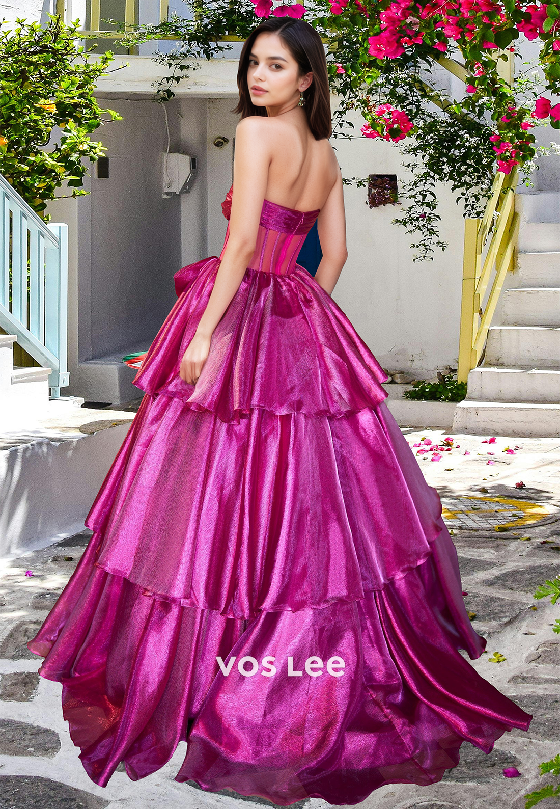 Unqiue A-Line Strapless Illusion Tiered Sparkly Fuchsia Satin Prom Evening Dress - View 2 | VelvetHem