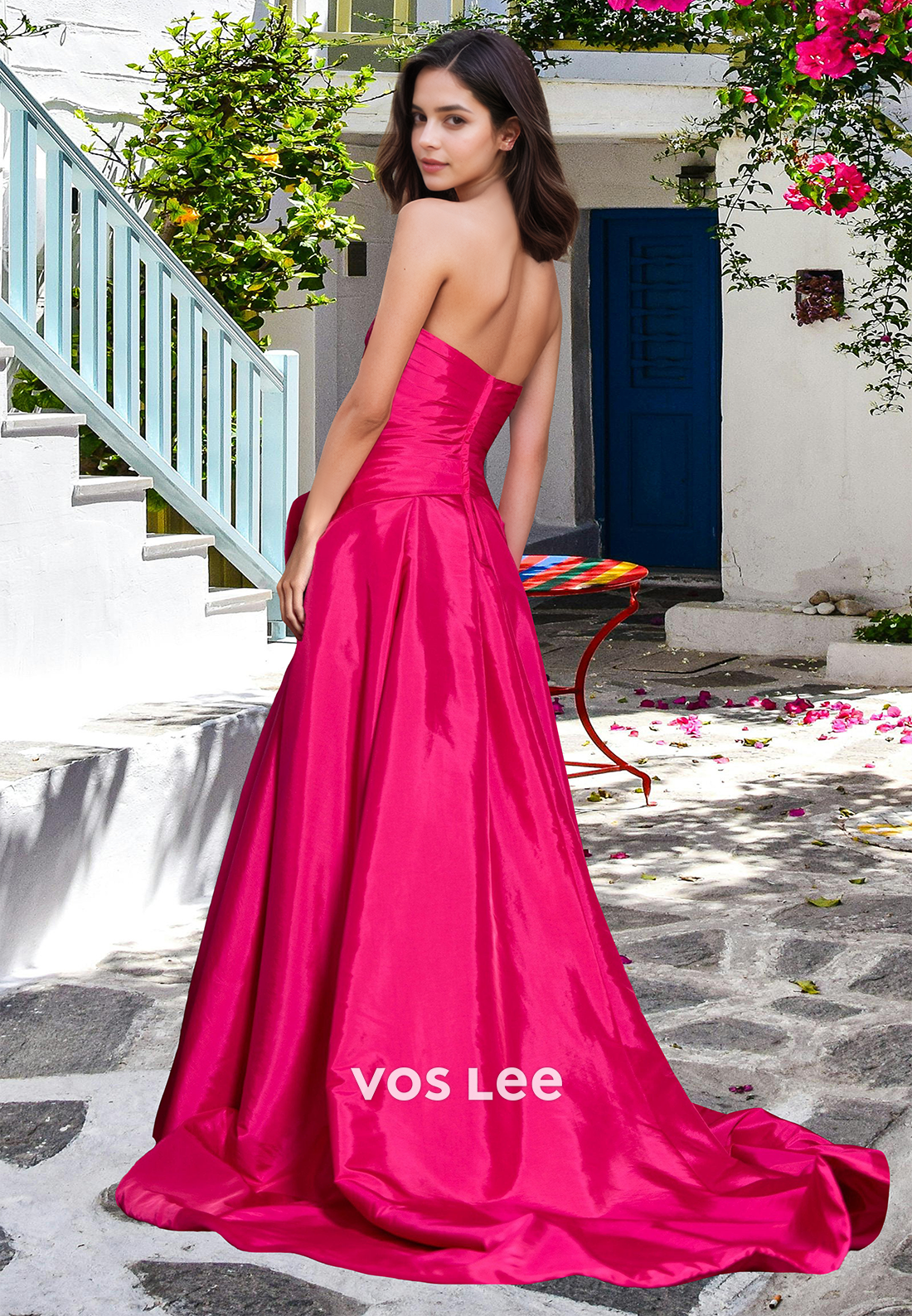 Modest A-Line Strapless Bow Side Split Sleeveless Pleated Satin Prom Evening Dress - View 2 | VelvetHem