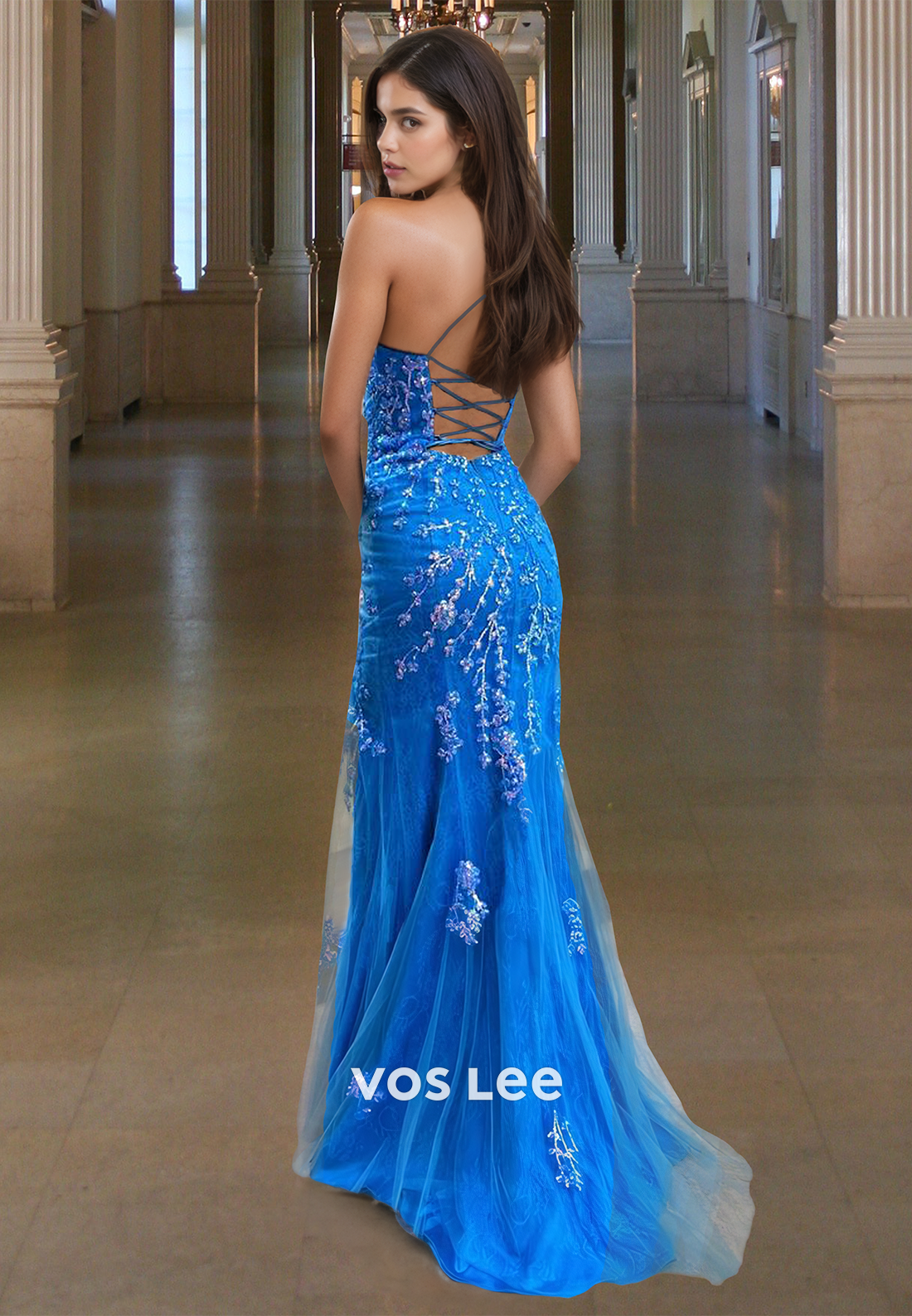 Blue Column Square Neck Spaghetti Straps Lace Up Appliques Prom Evening Dress - View 3 | VelvetHem