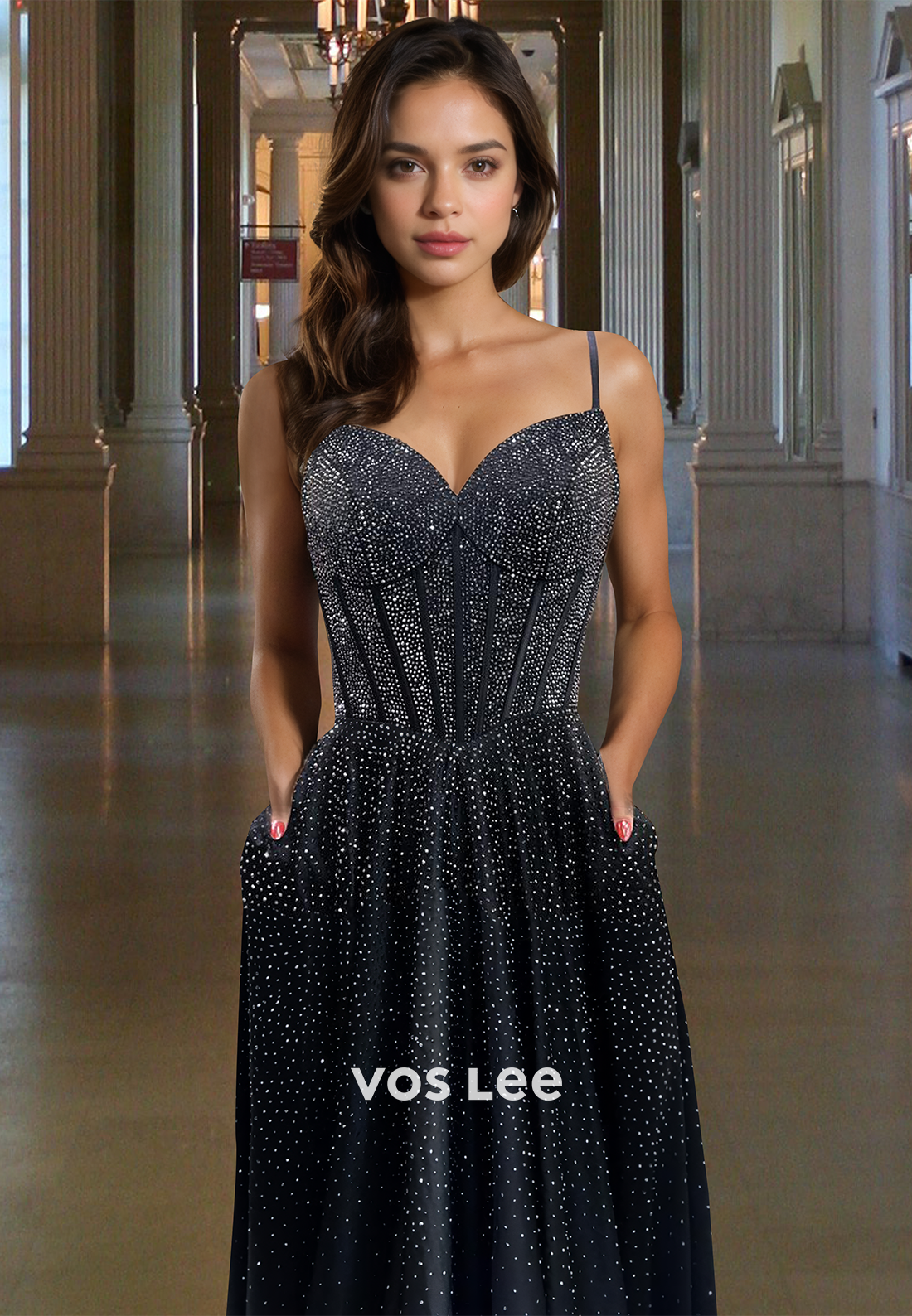 Modest A-Line V Neck Back Zipper Sequins Pleated Satin Prom Evening Dress - View 2 | VelvetHem
