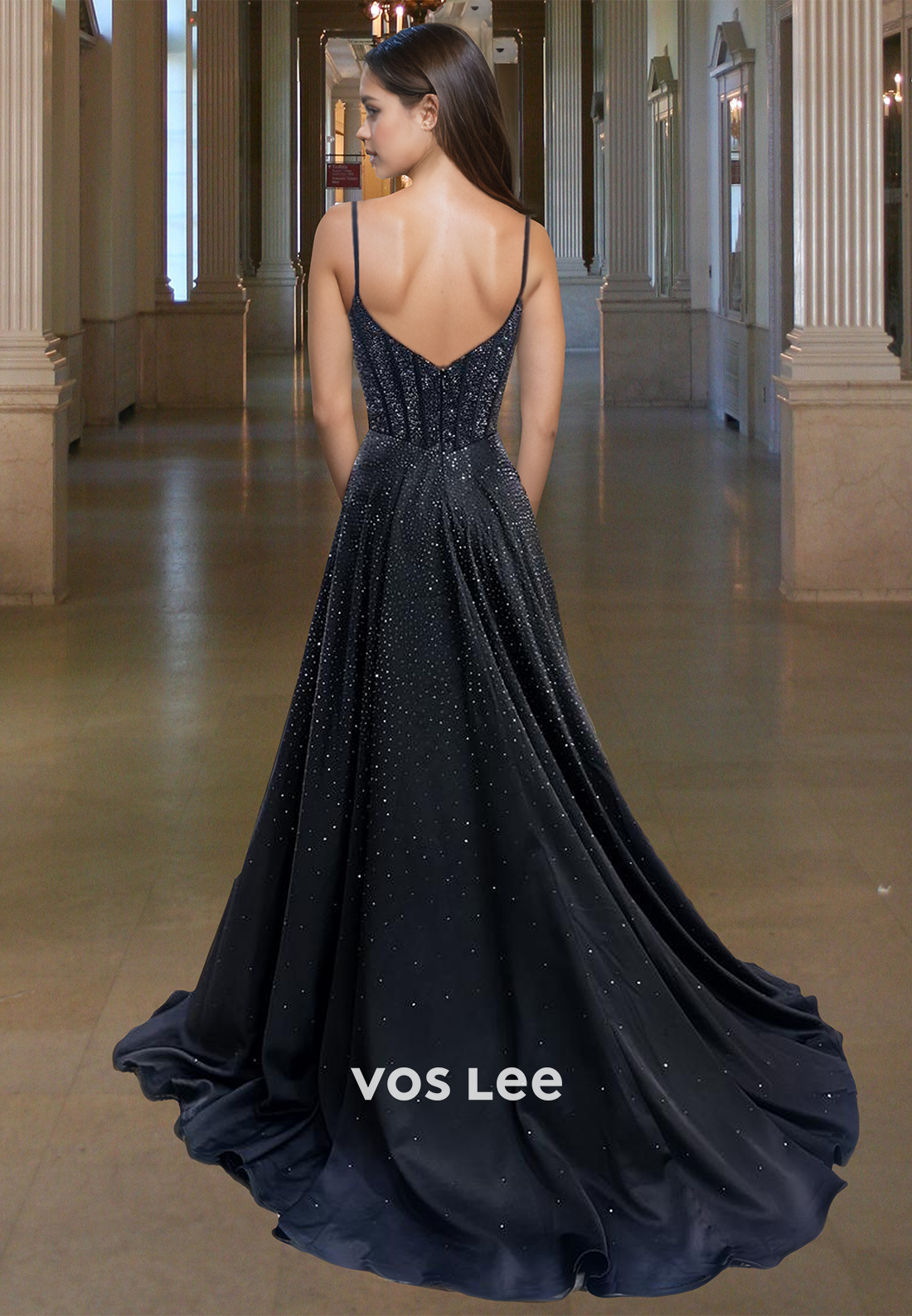 Modest A-Line V Neck Back Zipper Sequins Pleated Satin Prom Evening Dress - View 3 | VelvetHem
