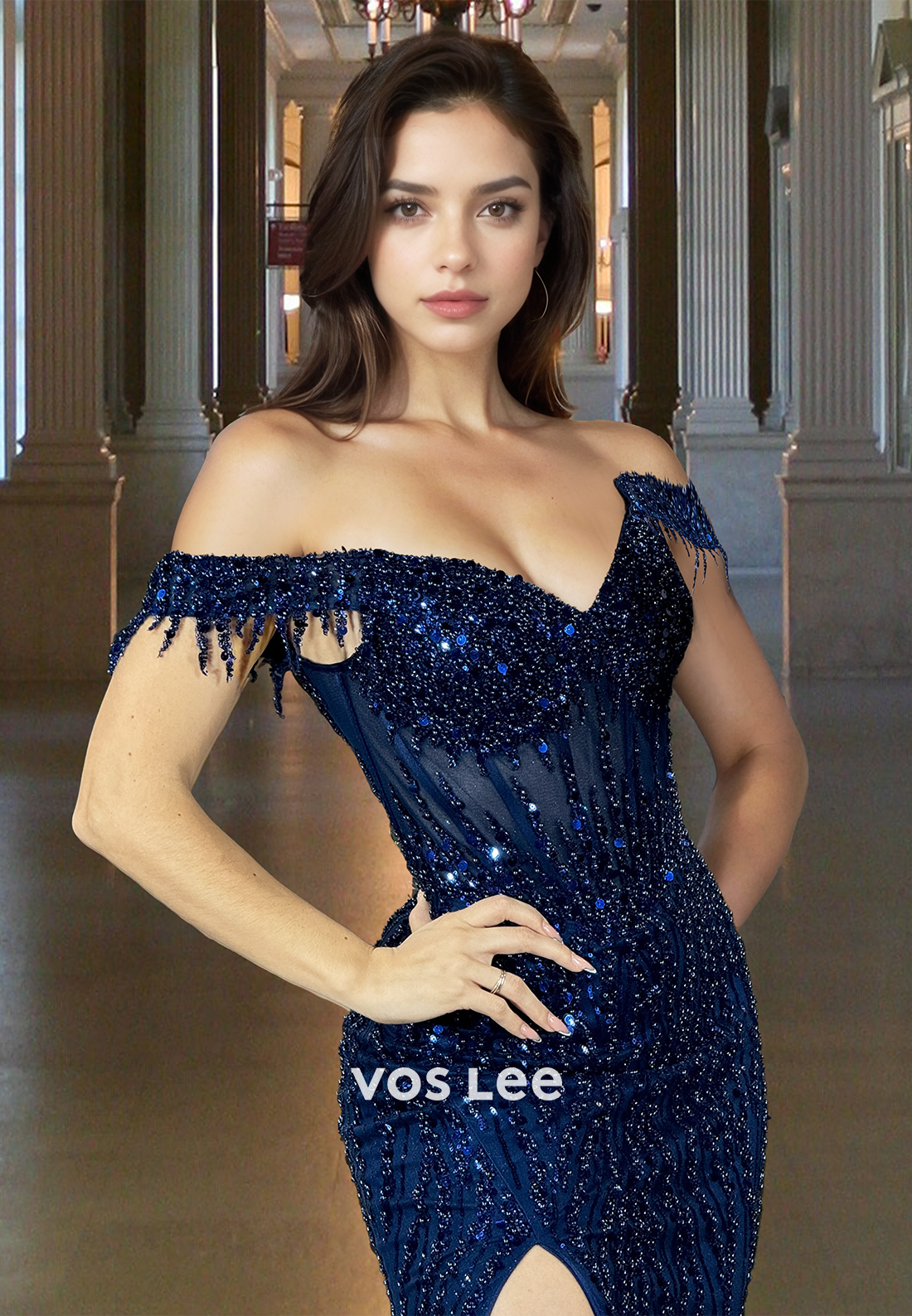 Sparkly Off Shoulder Sheath Glitter High Split Sequins Tulle Prom Evening Dress - View 2 | VelvetHem