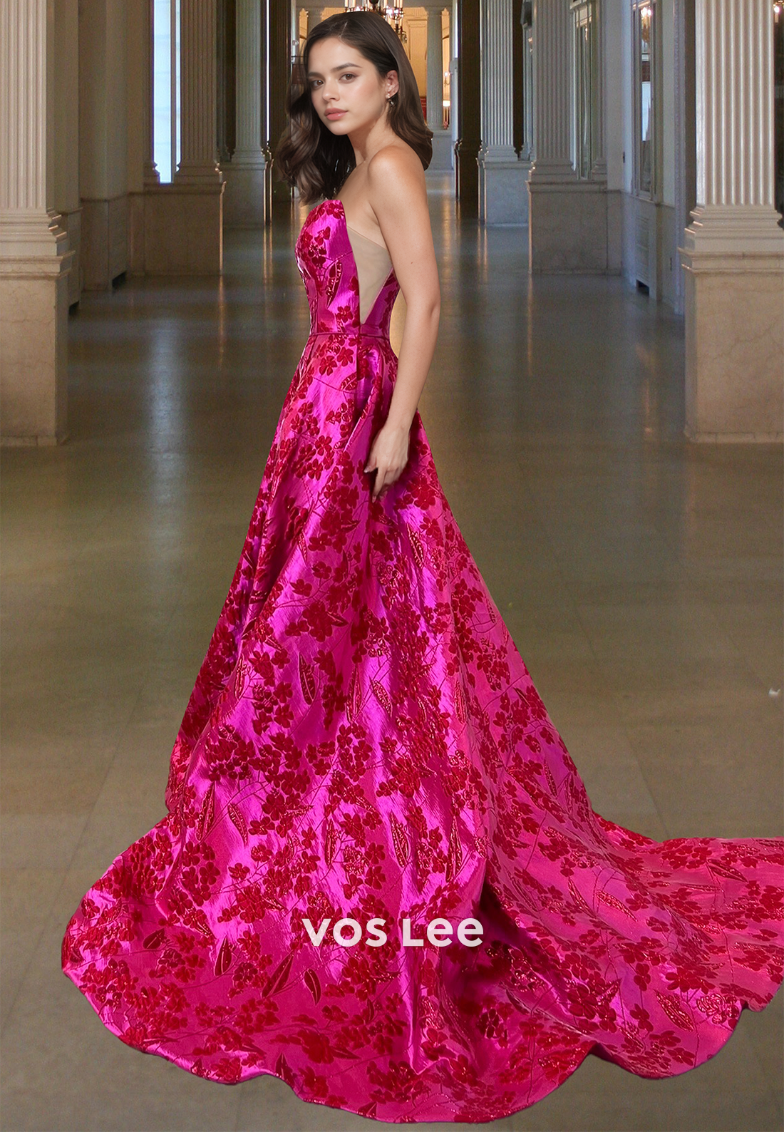 Geaceful A-Line Strapless Illusion Lace Appliques High Split Ruched Prom Evening Dress - View 2 | VelvetHem