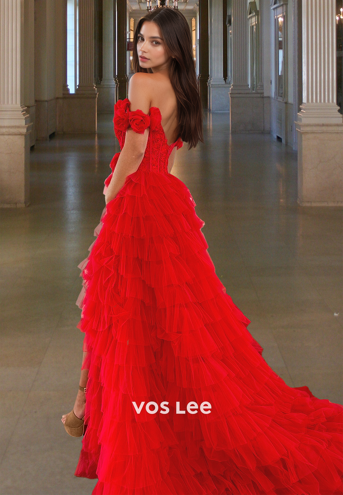 Charming A-Line Off Shoulder Back Zipper Lace Tiered Tulle Prom Evening Dress - View 2 | VelvetHem