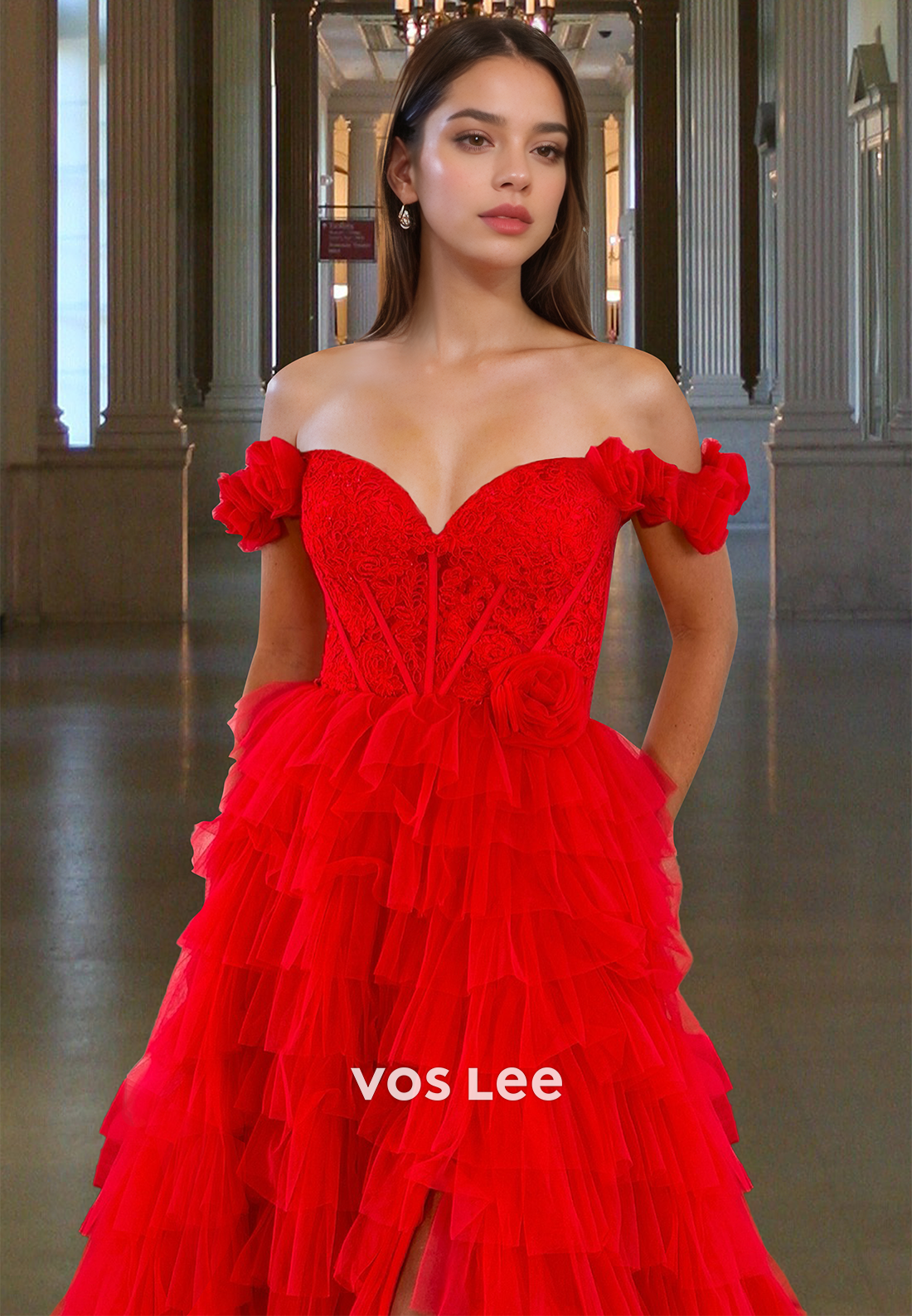 Charming A-Line Off Shoulder Back Zipper Lace Tiered Tulle Prom Evening Dress - View 3 | VelvetHem