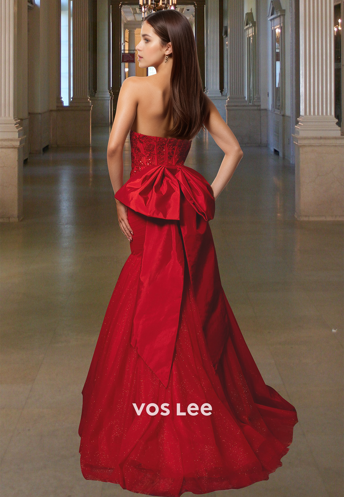 Sparkle Mermaid Evening Dress Chic Applique Strapless Bow Formal Party Gown - View 4 | VelvetHem
