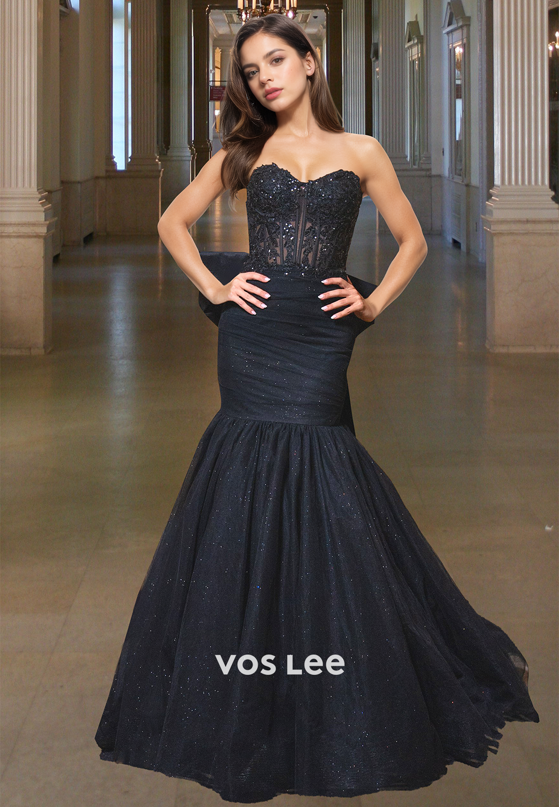 Sparkle Mermaid Evening Dress Chic Applique Strapless Bow Formal Party Gown - VelvetHem