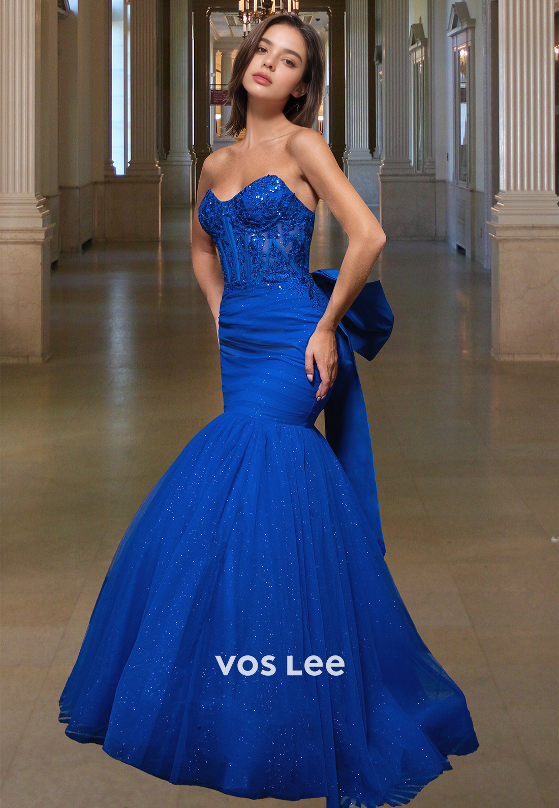 Sparkle Mermaid Evening Dress Chic Applique Strapless Bow Formal Party Gown - View 3 | VelvetHem