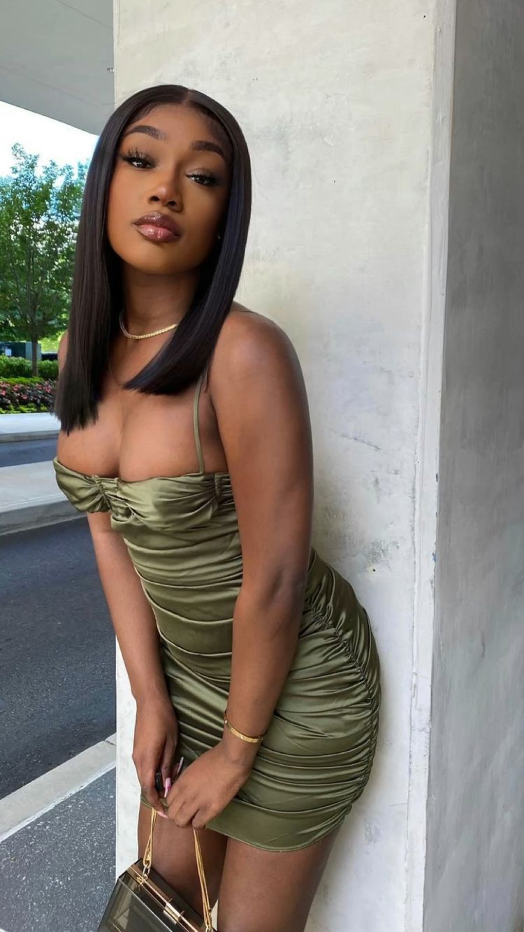 Olive Green Spaghetti Straps Ruched Short Party Dress Sexy Homecming Dress - View 2 | VelvetHem