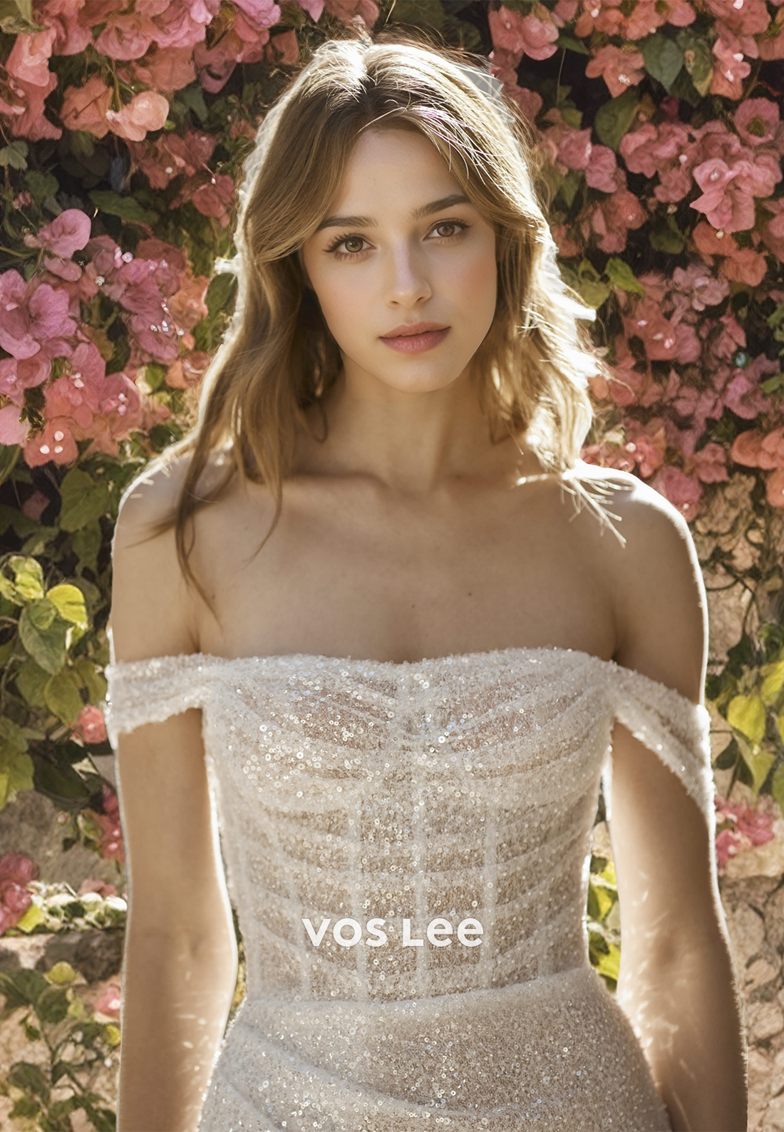 Sparkly Sequins Off-Shoulder Wedding Dress with Slit Sweetheart Bride Dresses