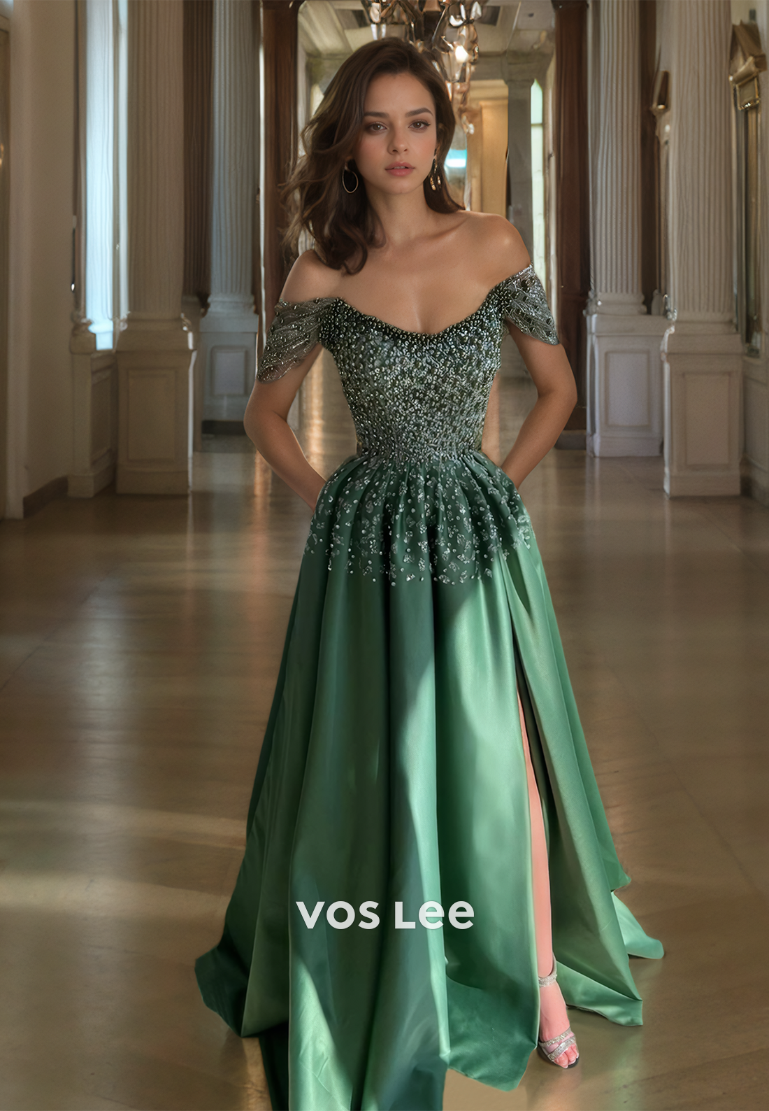 A-Line Off-Shoulder Ruched Embellished Sparkly Prom Party Dress