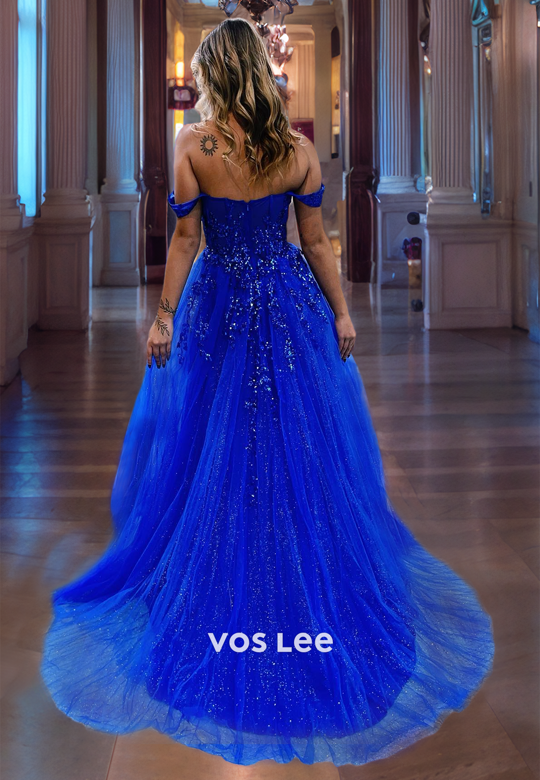 Sparkly Sweetheart Tulle Prom Gown Zipper Back Off Shoulder Royal Blue Party Dress with Slit