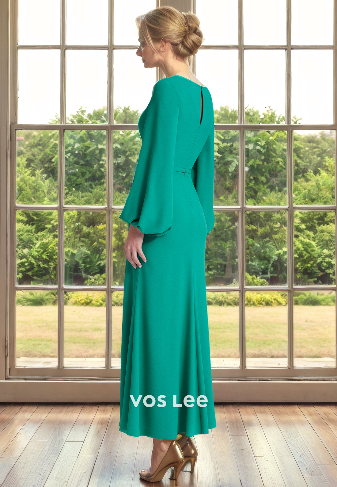 Vintage V Neck Long Sleeves Back Zipper Ruched Side Split Mother of the Evening Dress