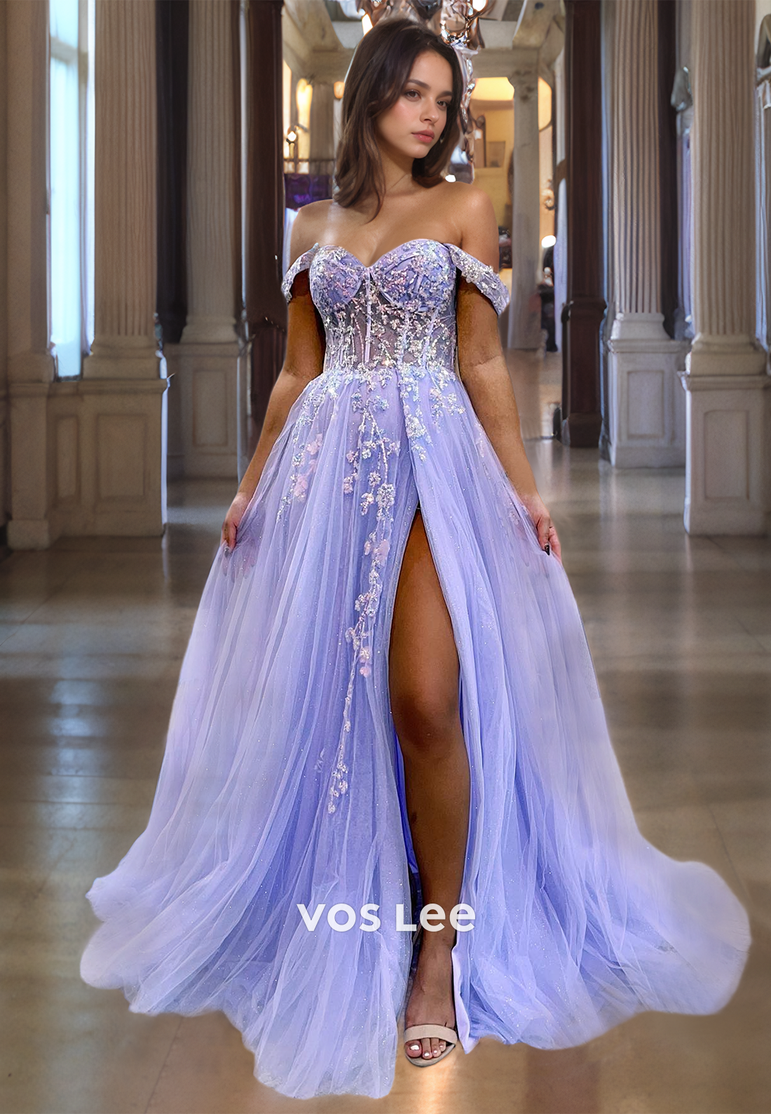 Sparkly Sweetheart Tulle Prom Gown Zipper Back Off Shoulder Royal Blue Party Dress with Slit