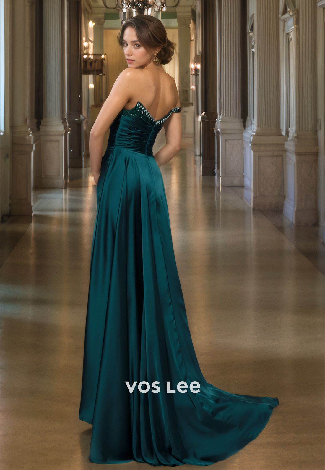 Unique Sheath One Shoulder Sleeveless Back Zipeer Sweep Train Pleated Satin Prom Formal Dress