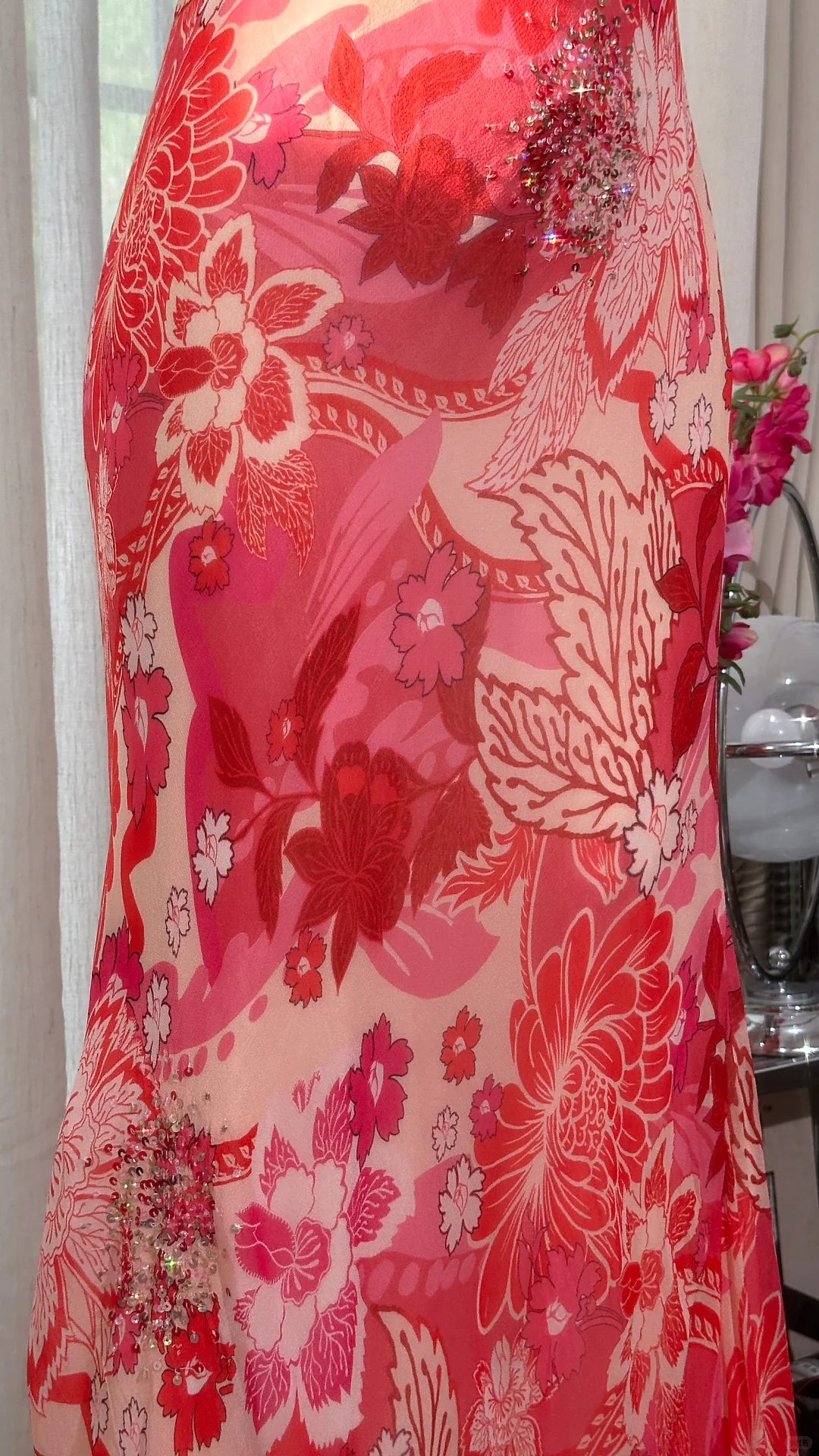 Pretty Spaghetti Straps V Neck Red Chiffon Print Floral Mermaid Evening Dress Long Birthday Prom Gown - View 3 | VelvetHem