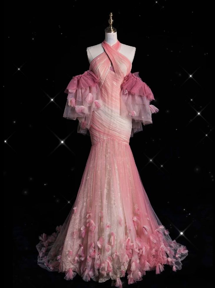 Pink Halter Tulle Lace Appliques Prom Dress Long Mermaid Evening Dress