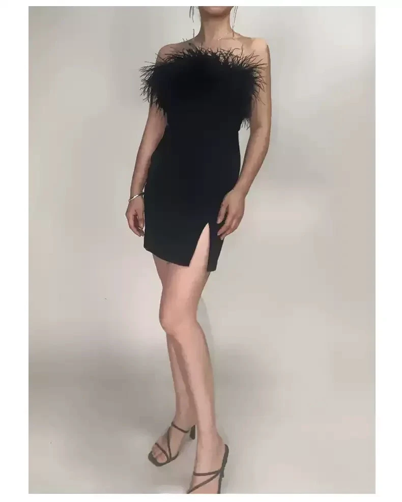 Womens Feather Off Shoulder Bandage Dresses Side Split Cocktail Party Bodycon Dress Black Short Homecoming Dress (ZD12486)