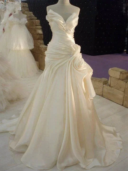 Ruffles Cream Satin Wedding Dress with Beadings Elegant Long Bridal Dress Y4136 by simplepromdress